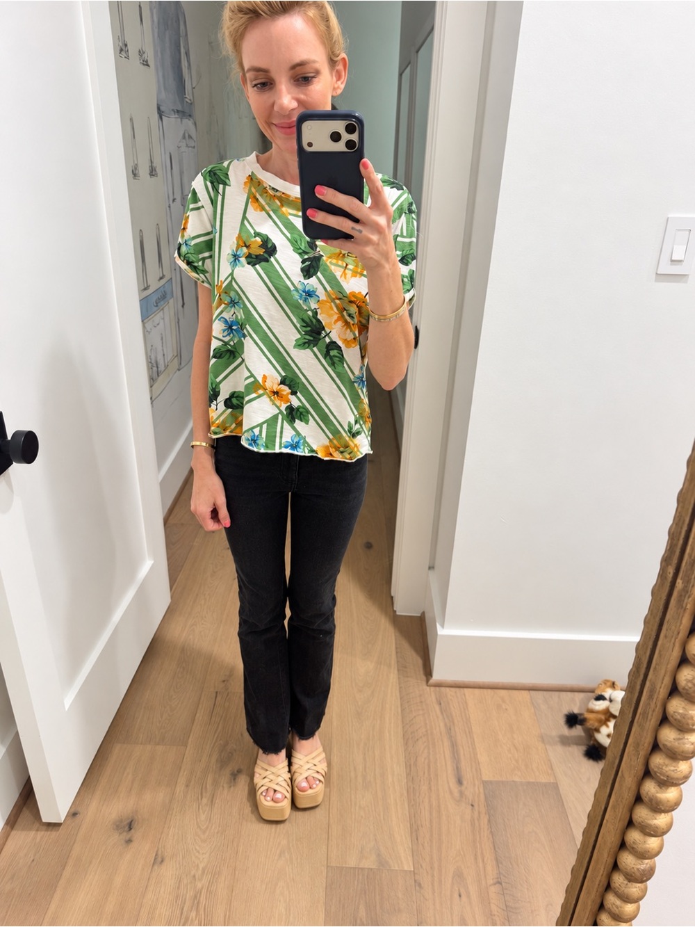 Anthropologie Floral Stripe Short-Sleeve Top - Green & Yellow size XS